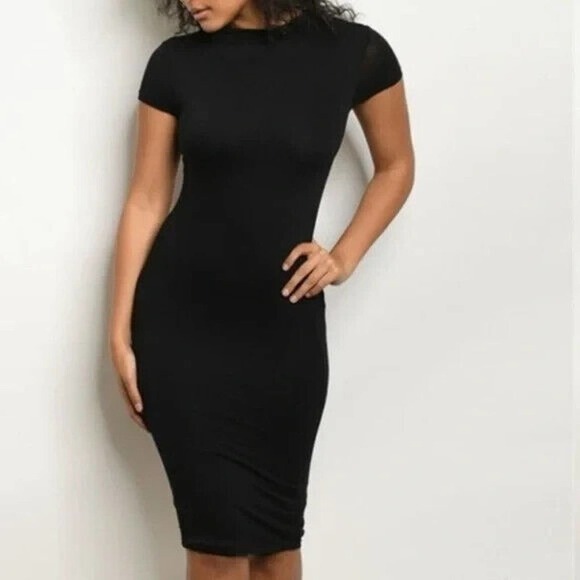 Popular Basics Jersey Midi Dress Form Fitting Black Sizes M, L, XL NEW - Picture 2 of 3